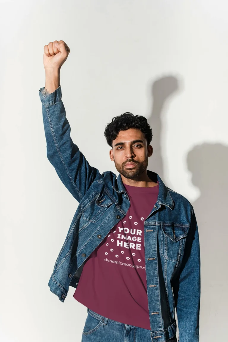 Man Wearing Maroon T-shirt Mockup Front View Template