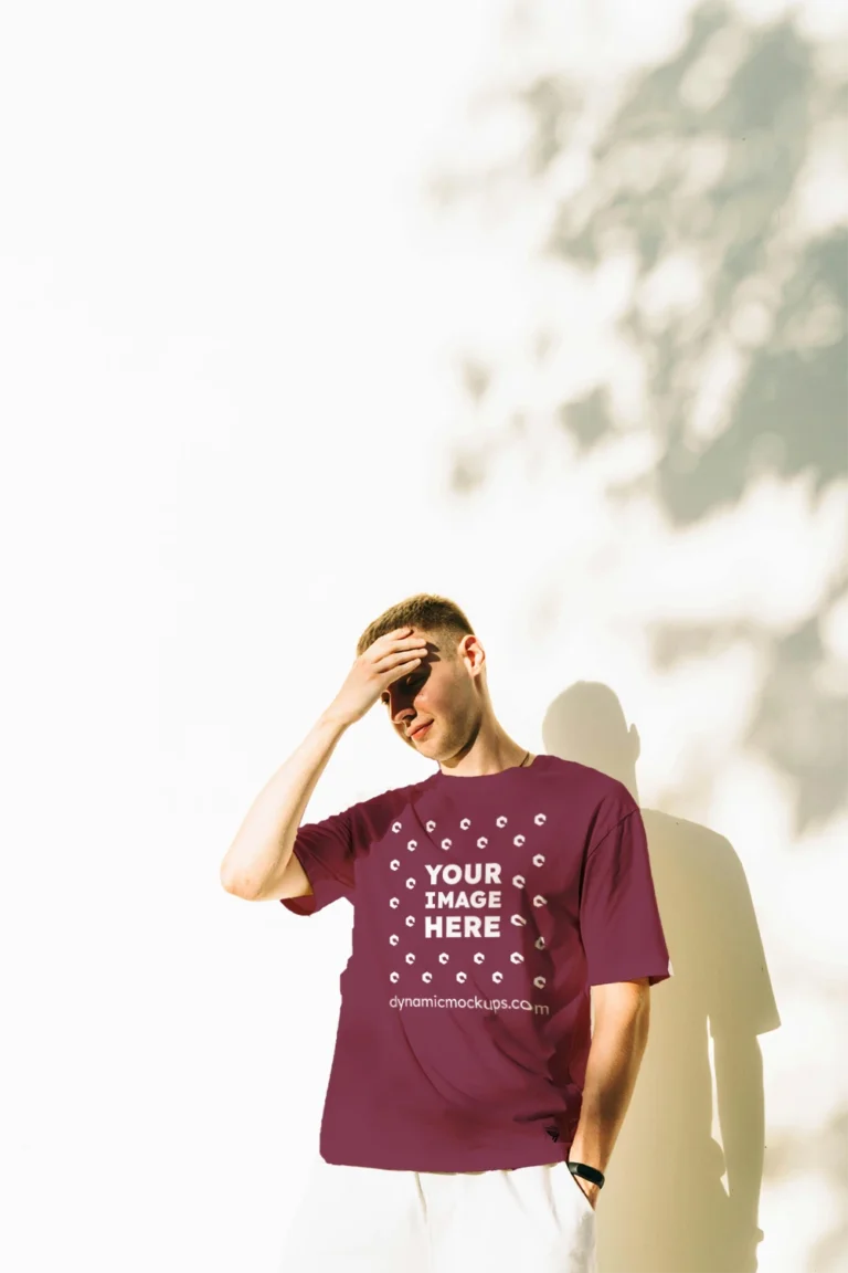 Man Wearing Maroon T-shirt Mockup Front View Template