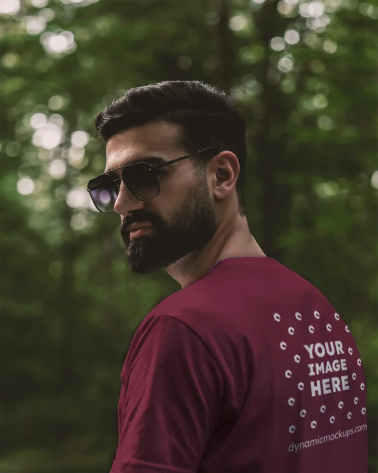 Man Wearing Maroon T-shirt Mockup Back View Template