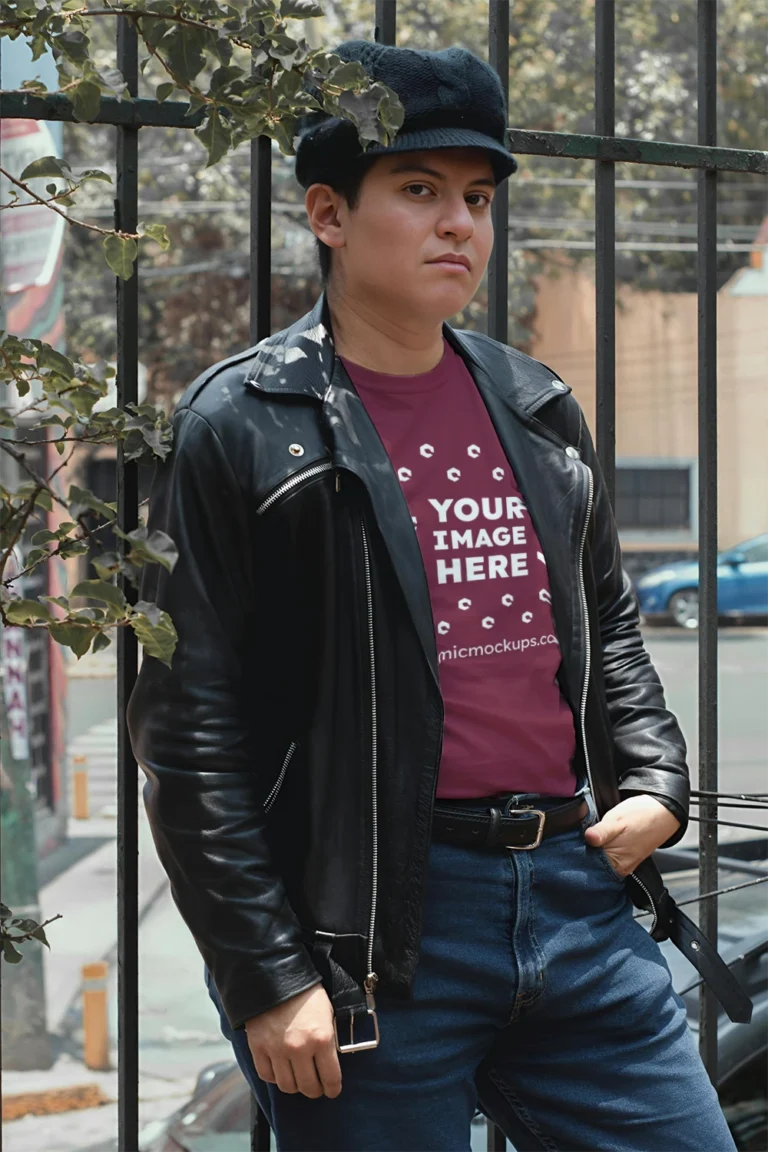 Man Wearing Maroon T-shirt Mockup Front View Template