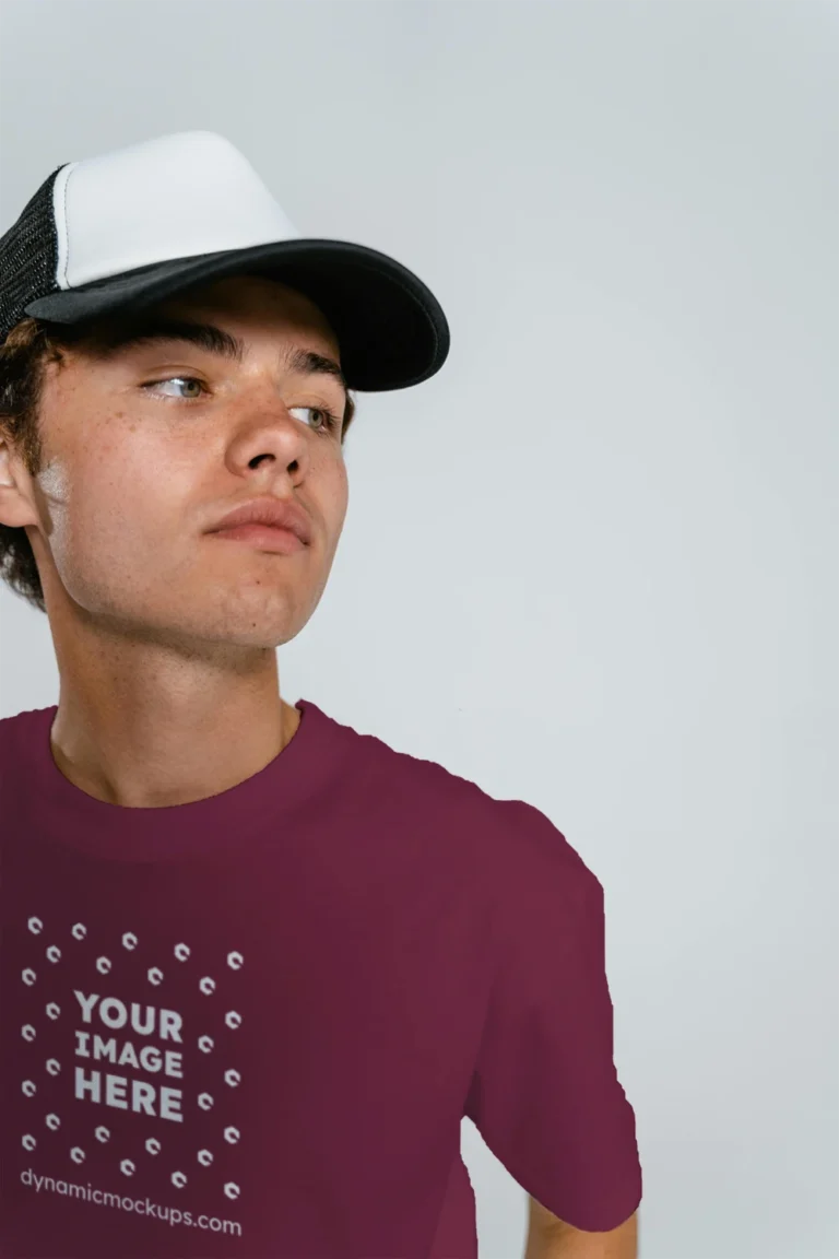 Man Wearing Maroon T-shirt Mockup Front View Template