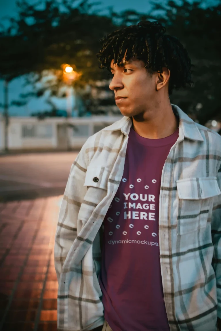 Man Wearing Maroon T-shirt Mockup Front View Template
