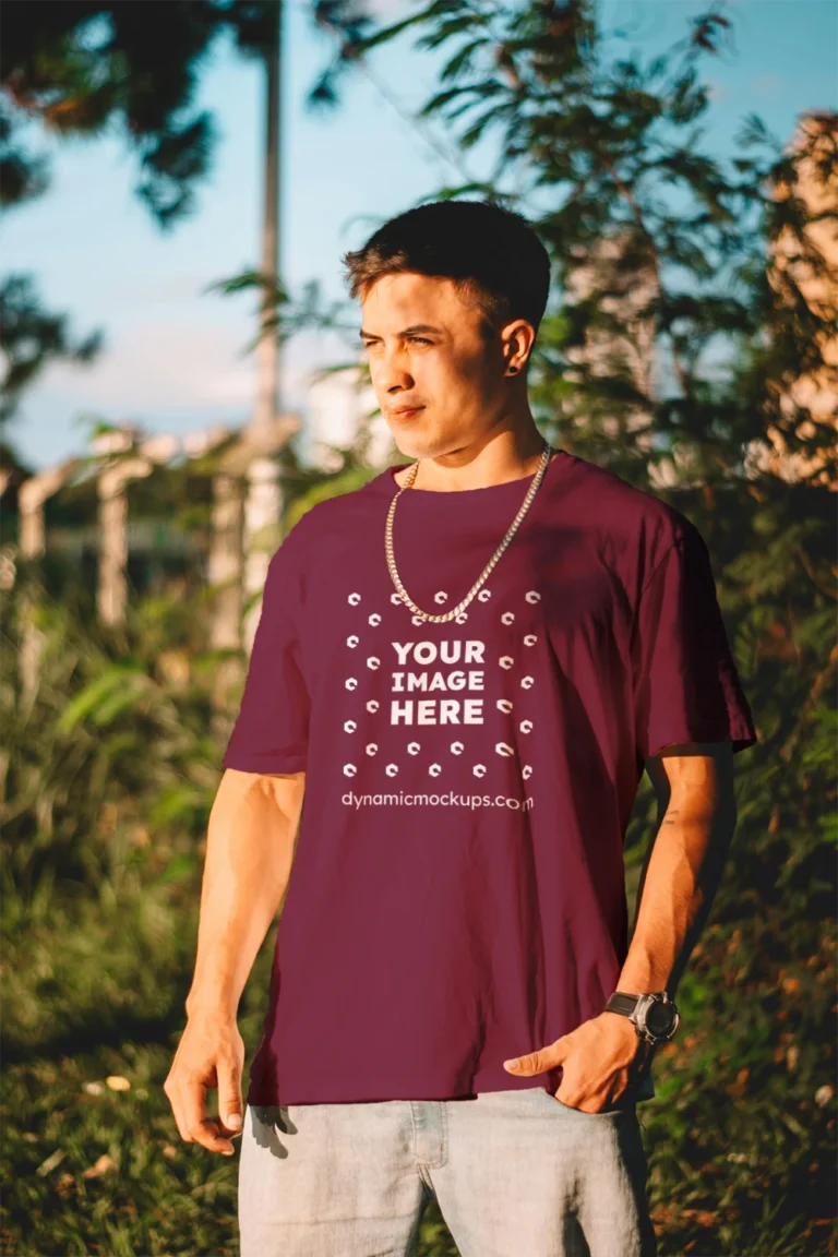 Man Wearing Maroon T-shirt Mockup Front View Template