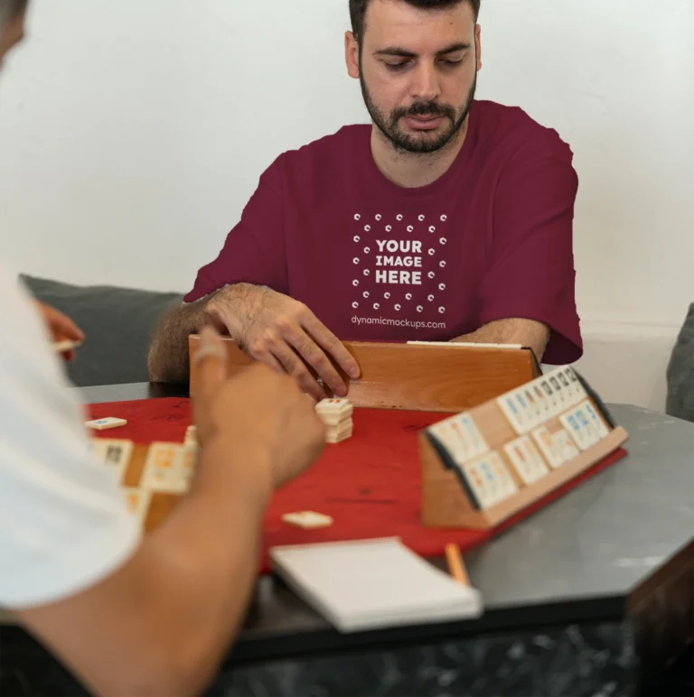 Man Wearing Maroon T-shirt Mockup Front View Template