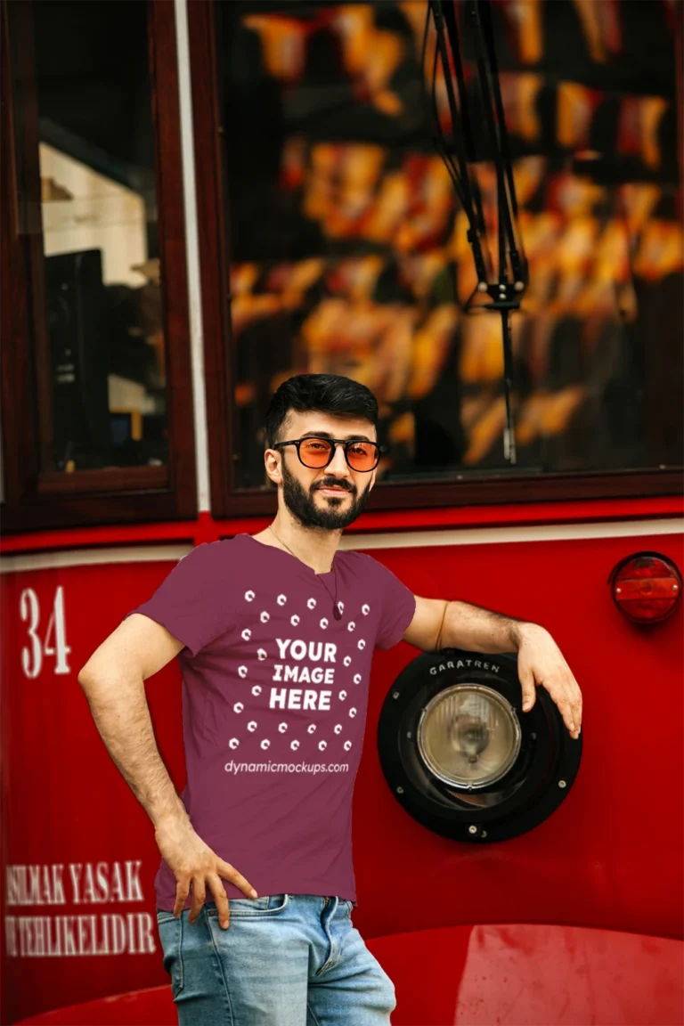 Man Wearing Maroon T-shirt Mockup Front View Template
