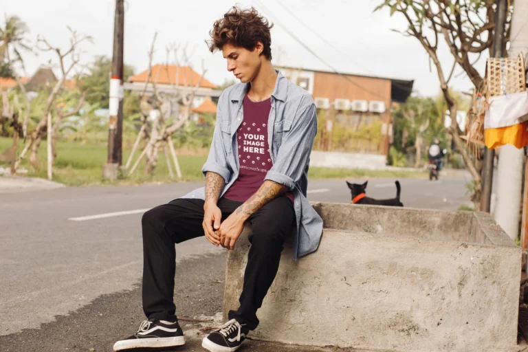 Man Wearing Maroon T-shirt Mockup Front View Template