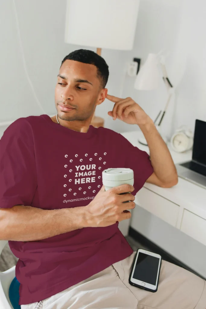 Man Wearing Maroon T-shirt Mockup Front View Template