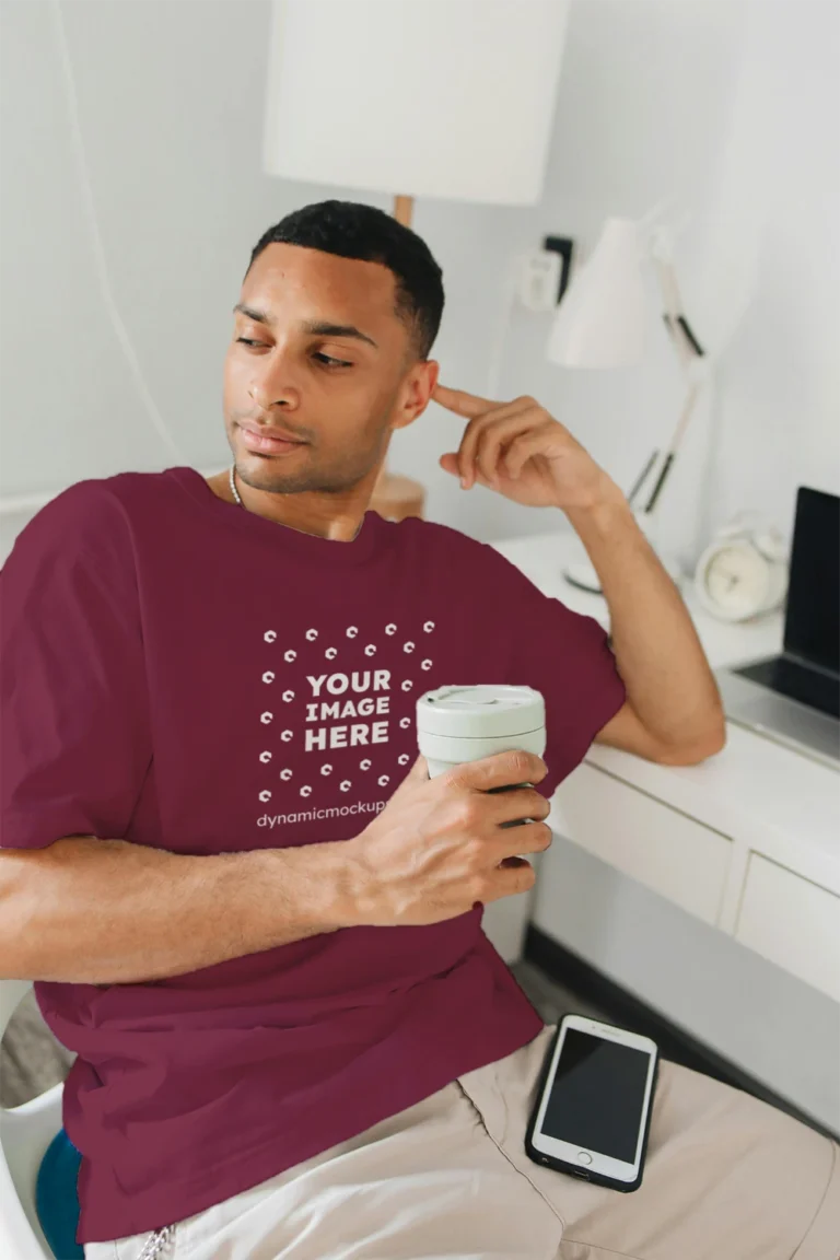 Man Wearing Maroon T-shirt Mockup Front View Template