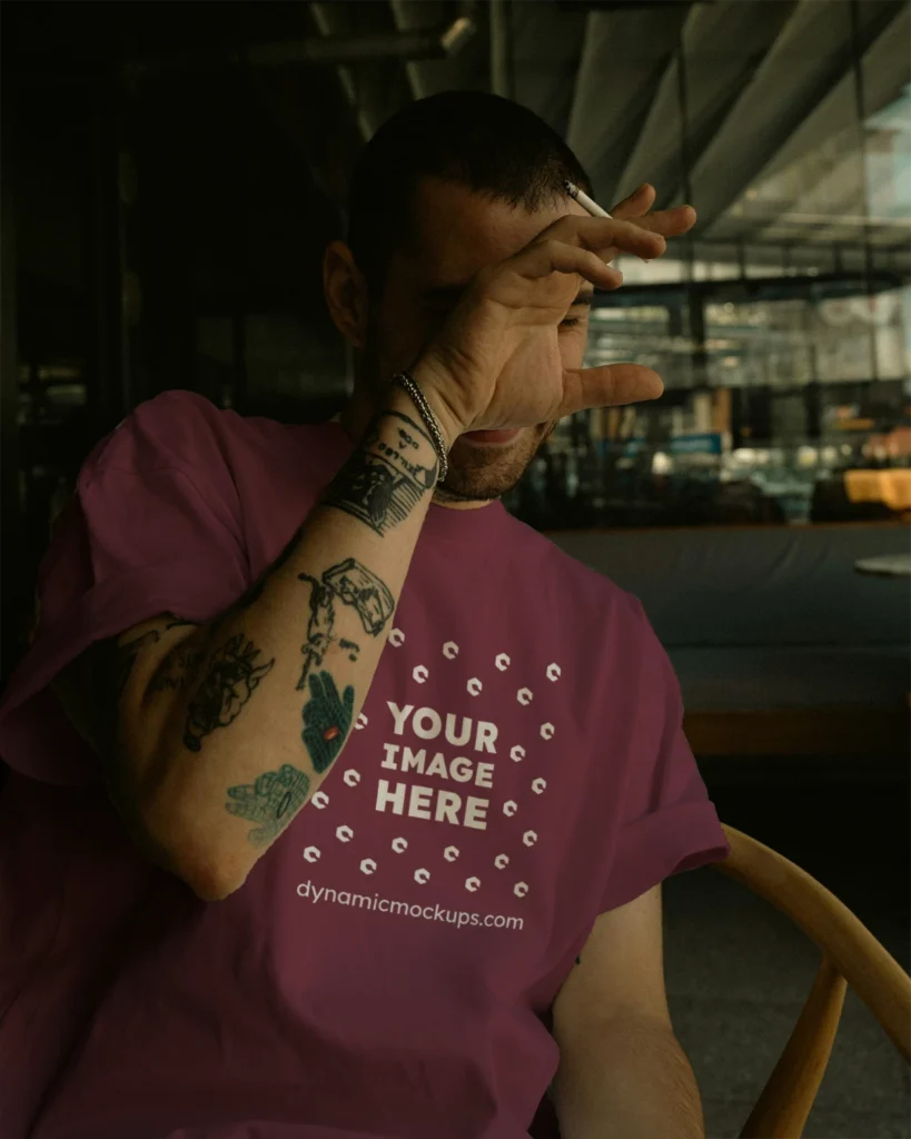 Man Wearing Maroon T-shirt Mockup Front View Template