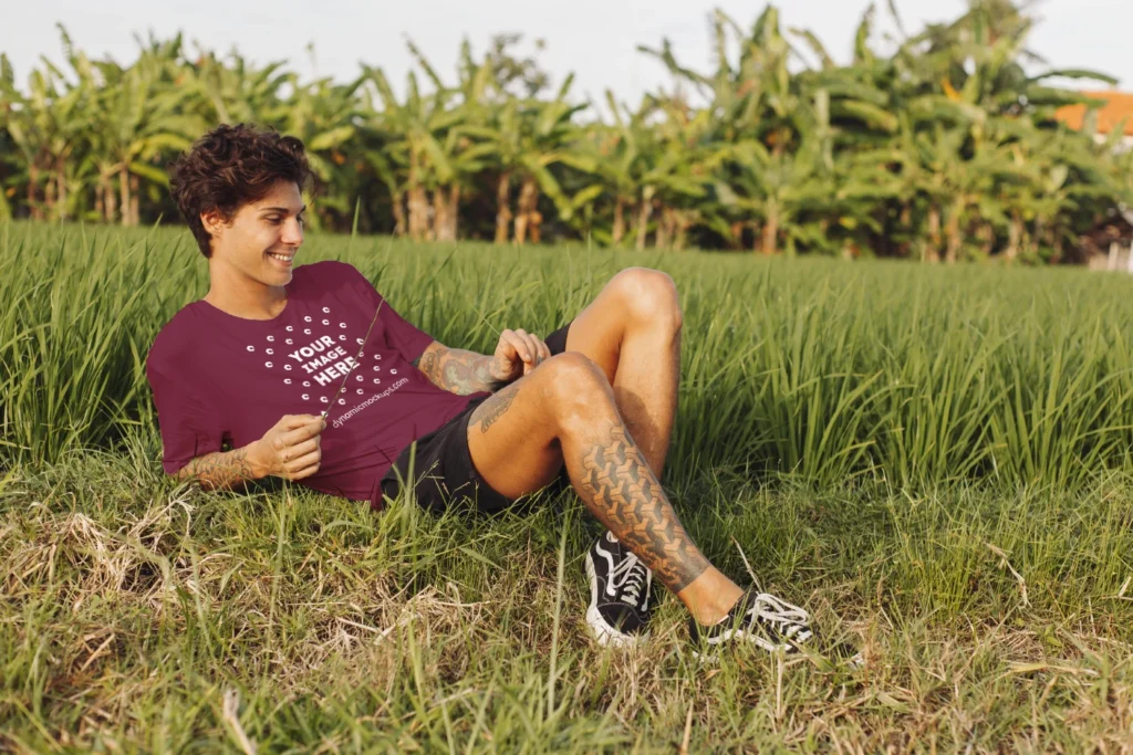 Man Wearing Maroon T-shirt Mockup Front View Template