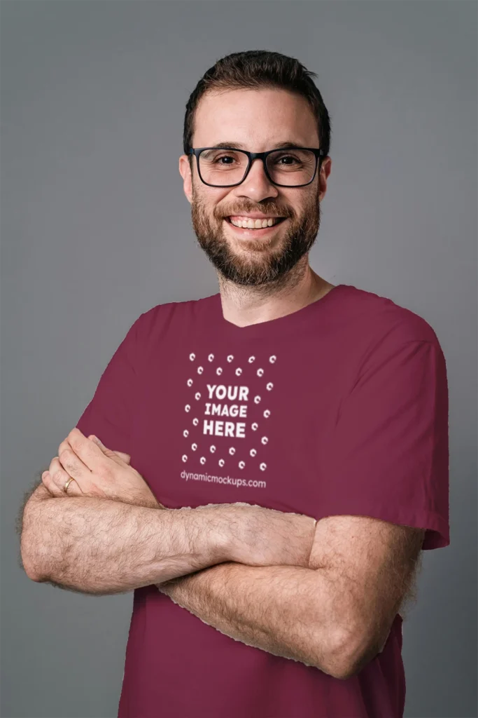 Man Wearing Maroon T-shirt Mockup Front View Template