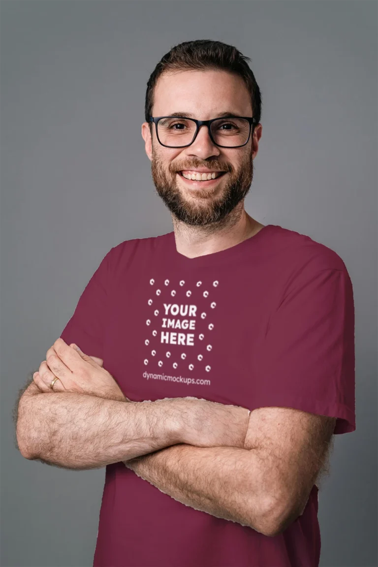 Man Wearing Maroon T-shirt Mockup Front View Template