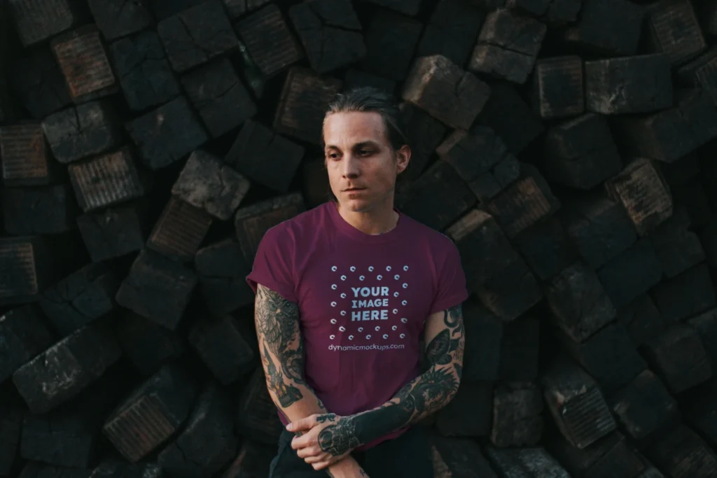 Man Wearing Maroon T-shirt Mockup Front View Template