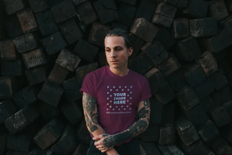 Man Wearing Maroon T-shirt Mockup Front View Template