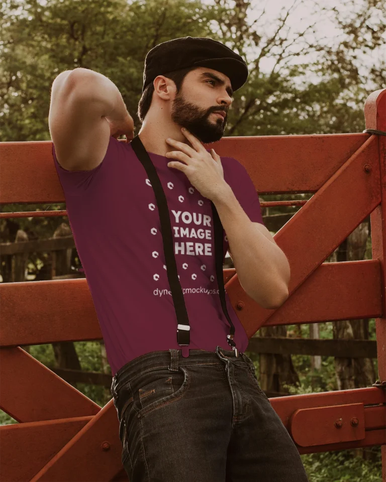 Man Wearing Maroon T-shirt Mockup Front View Template