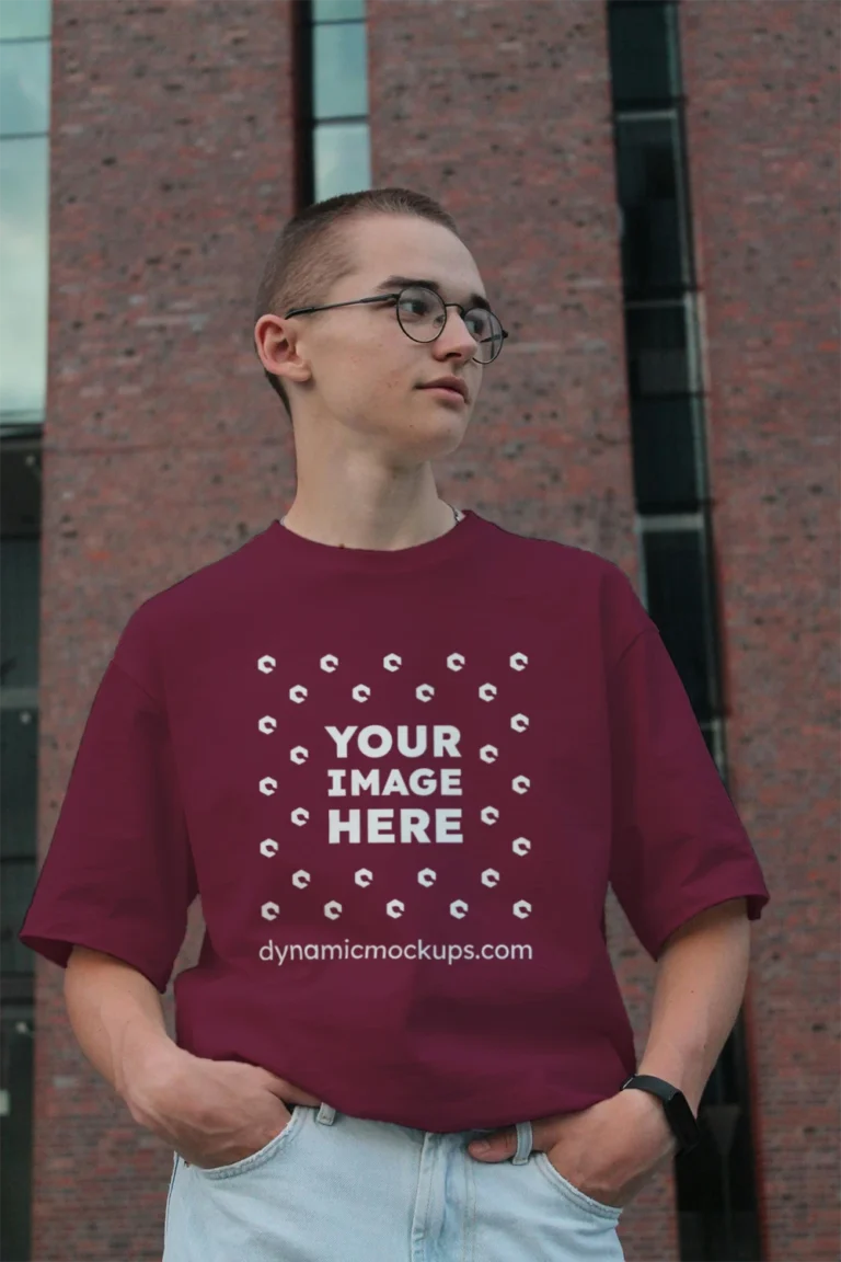 Man Wearing Maroon T-shirt Mockup Front View Template