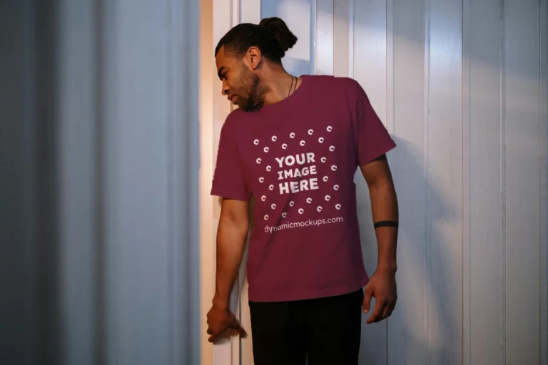 Man Wearing Maroon T-shirt Mockup Front View Template