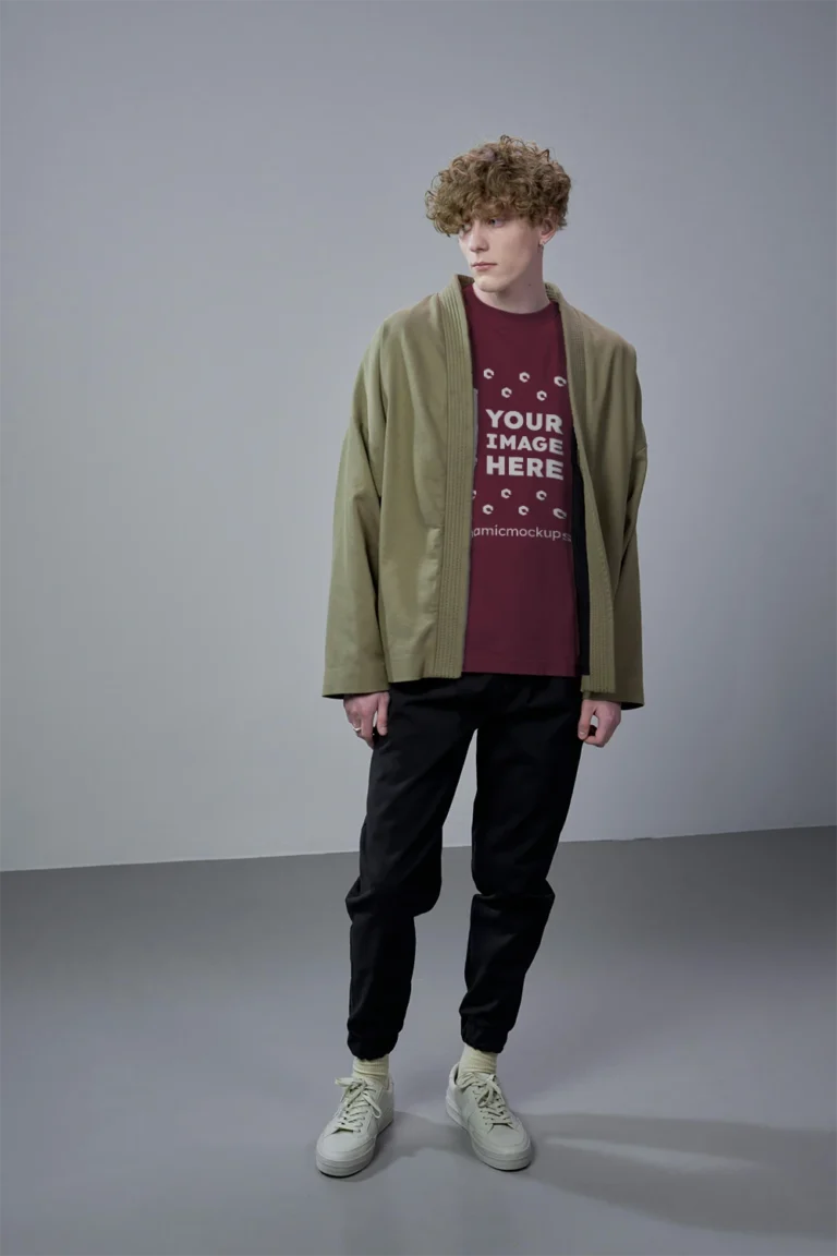 Man Wearing Maroon T-shirt Mockup Front View Template