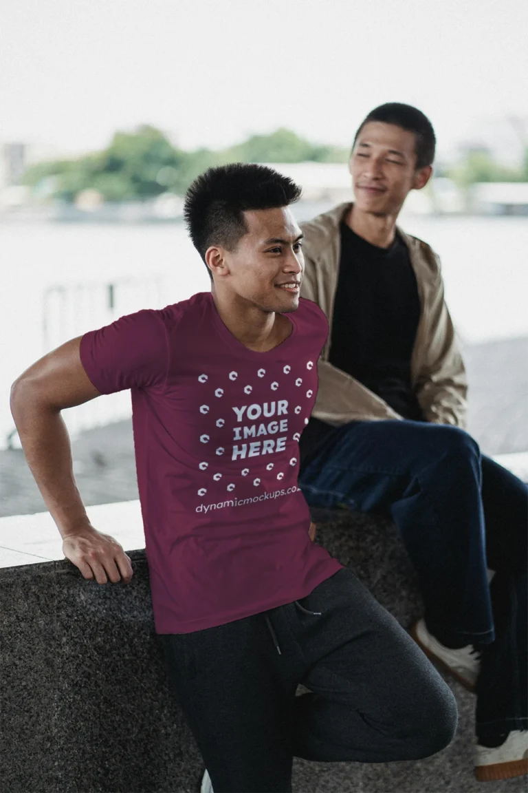 Man Wearing Maroon T-shirt Mockup Front View Template