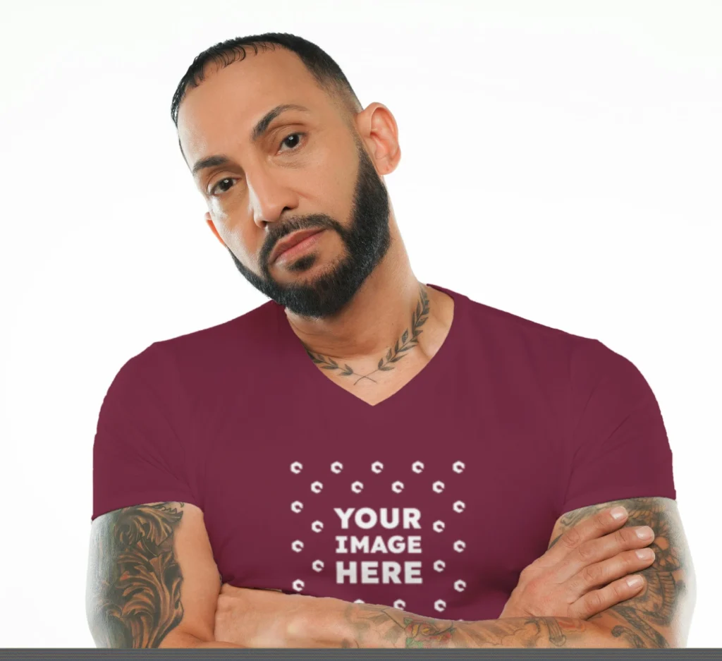 Man Wearing Maroon T-shirt Mockup Front View Template