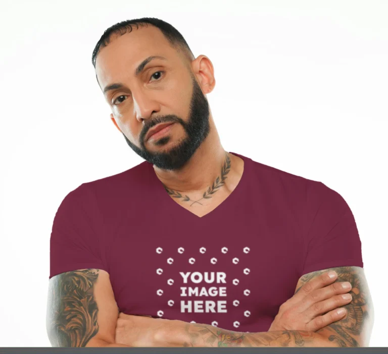 Man Wearing Maroon T-shirt Mockup Front View Template