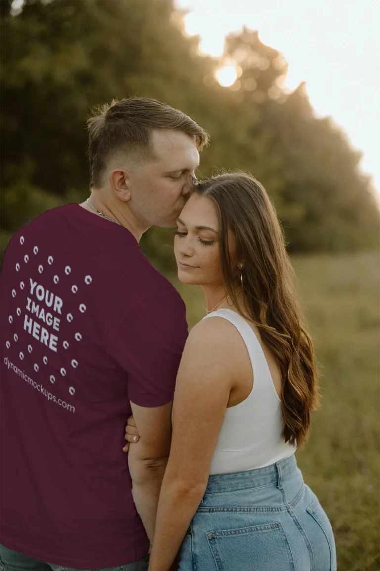 Man Wearing Maroon T-shirt Mockup Back View Template