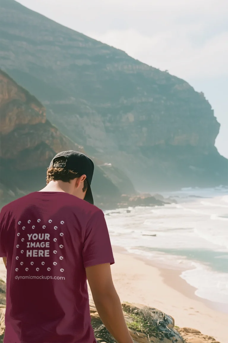 Man Wearing Maroon T-shirt Mockup Back View Template