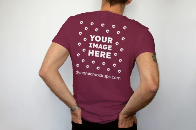 Man Wearing Maroon T-shirt Mockup Back View Template