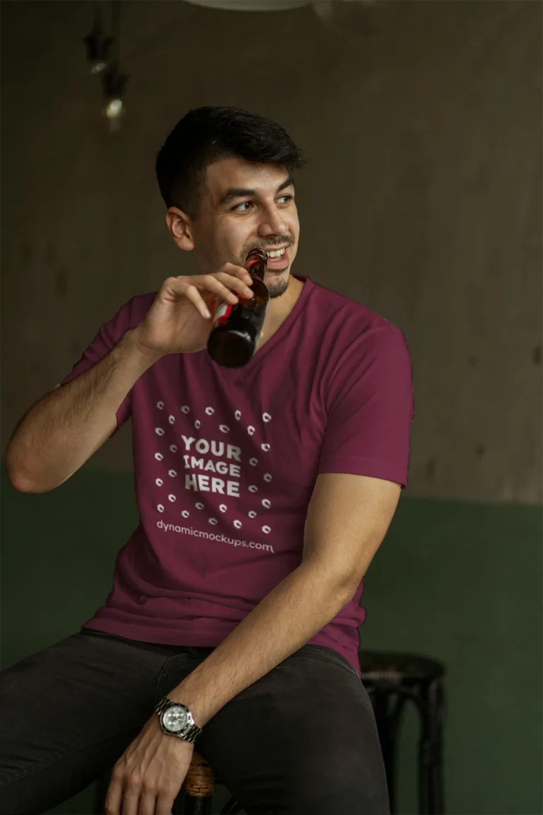 Man Wearing Maroon T-shirt Mockup Front View Template
