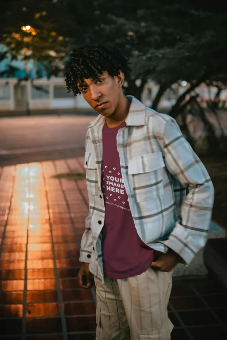 Man Wearing Maroon T-shirt Mockup Front View Template