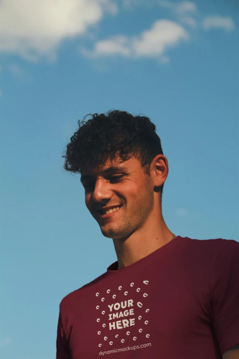 Man Wearing Maroon T-shirt Mockup Front View Template