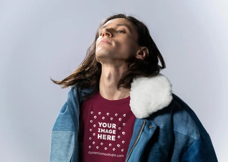Man Wearing Maroon T-shirt Mockup Front View Template