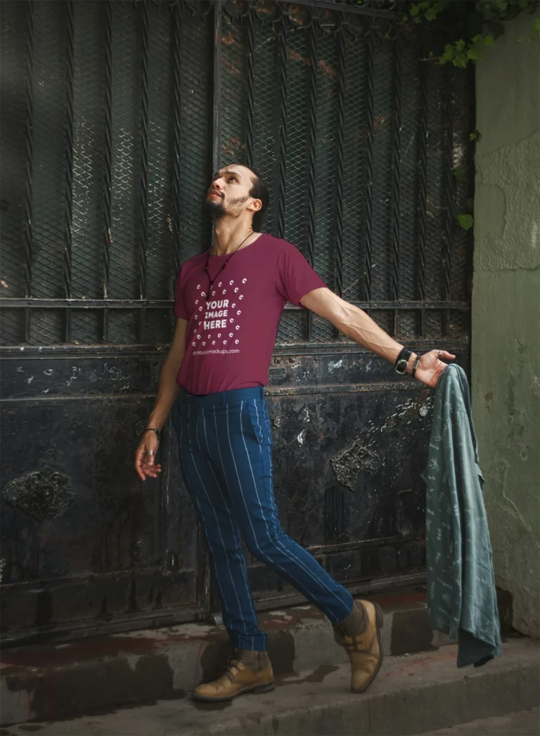 Man Wearing Maroon T-shirt Mockup Front View Template