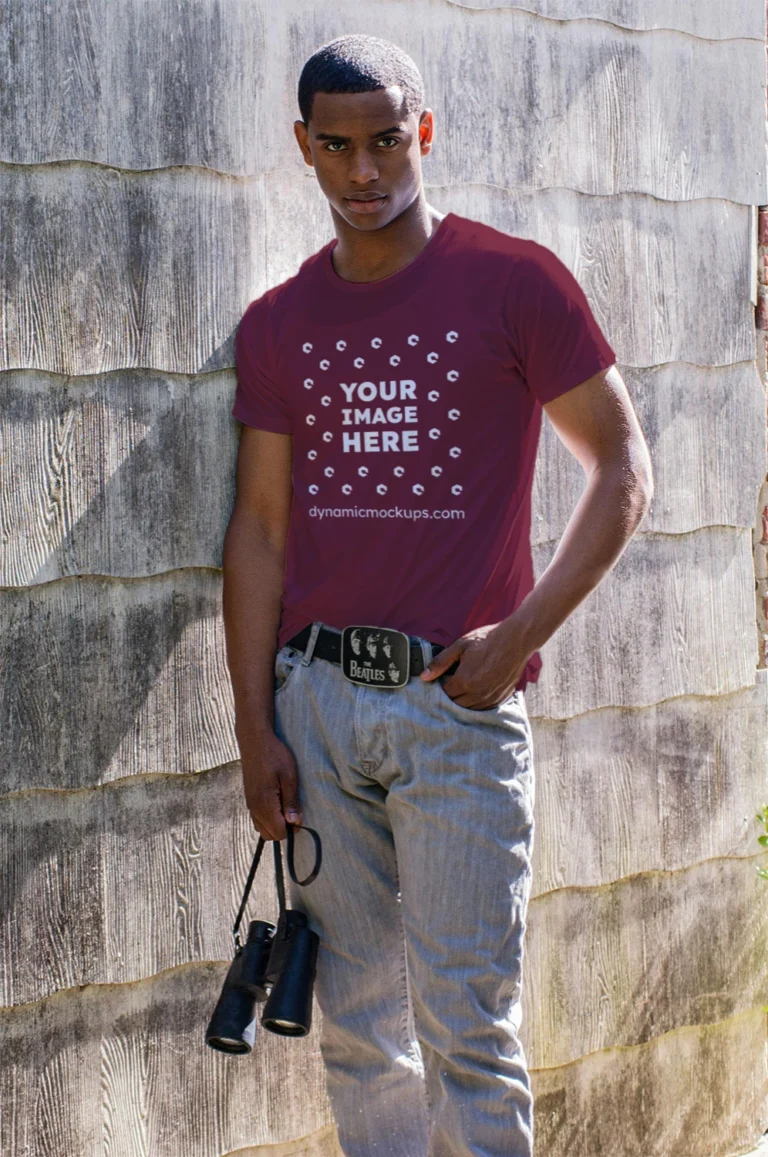 Man Wearing Maroon T-shirt Mockup Front View Template