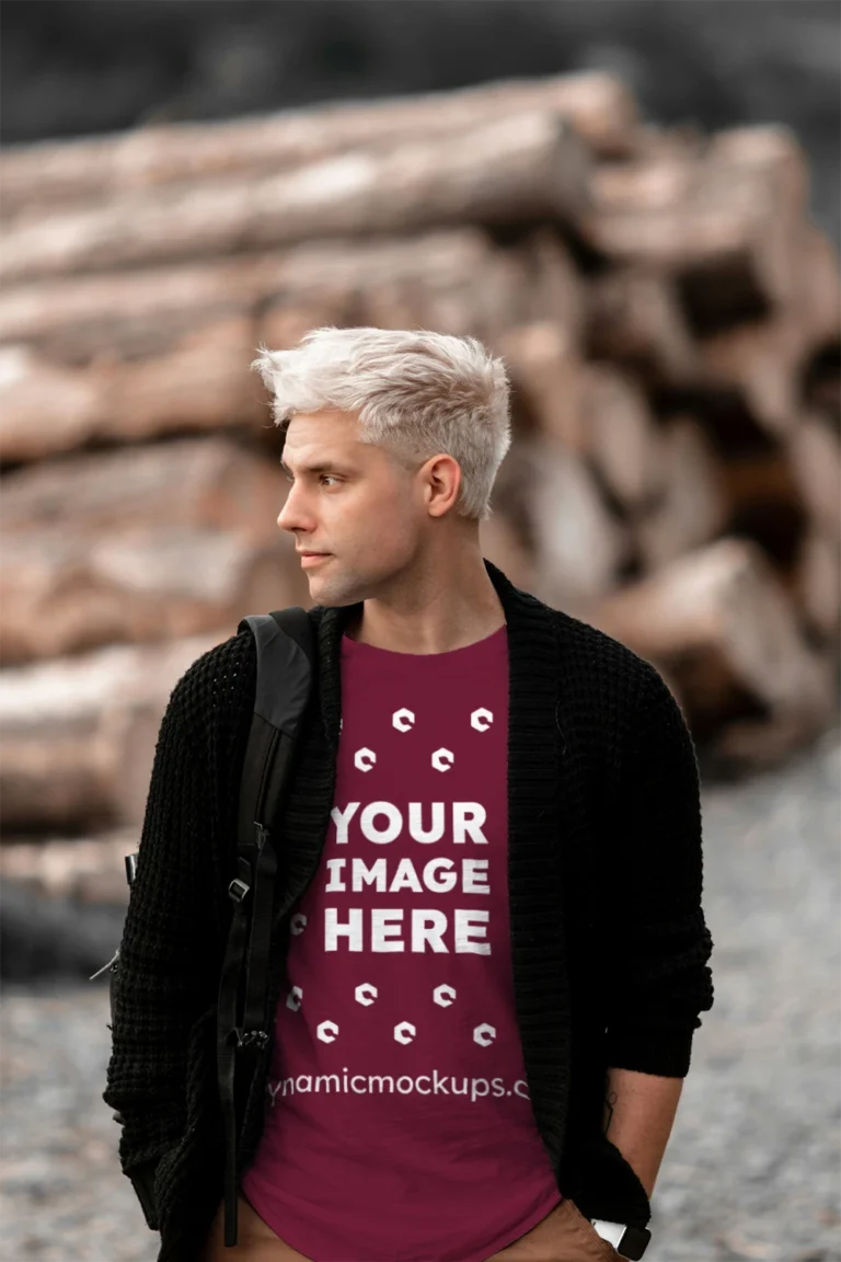 Man Wearing Maroon T-shirt Mockup Front View Template