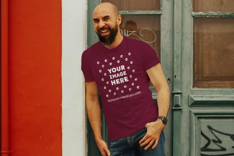 Man Wearing Maroon T-shirt Mockup Front View Template