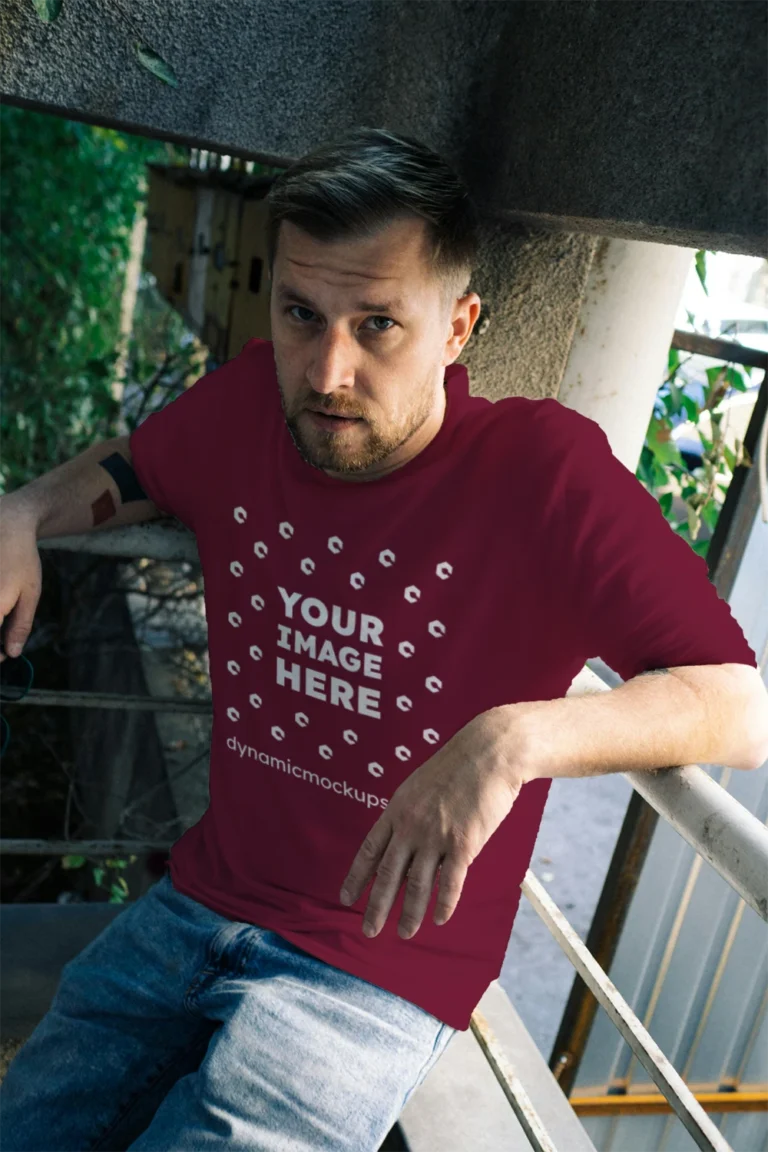 Man Wearing Maroon T-shirt Mockup Front View Template