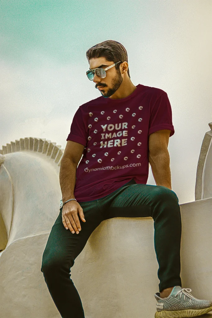 Man Wearing Maroon T-shirt Mockup Front View Template