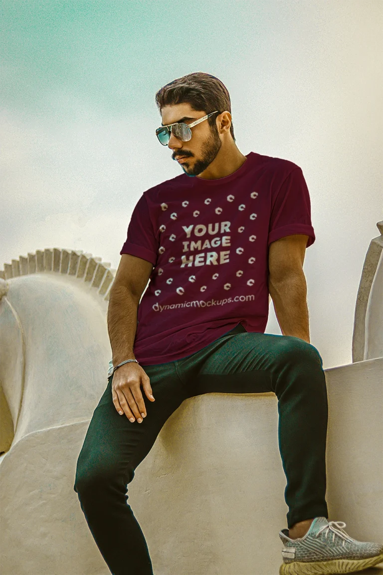 Man Wearing Maroon T-shirt Mockup Front View Template