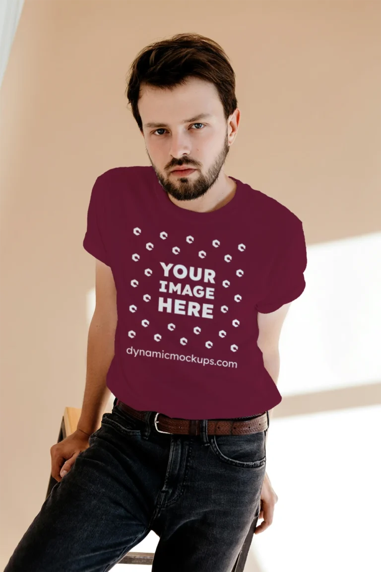 Man Wearing Maroon T-shirt Mockup Front View Template