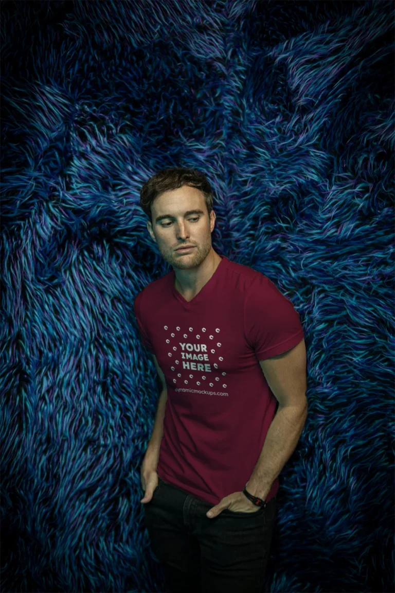Man Wearing Maroon T-shirt Mockup Front View Template