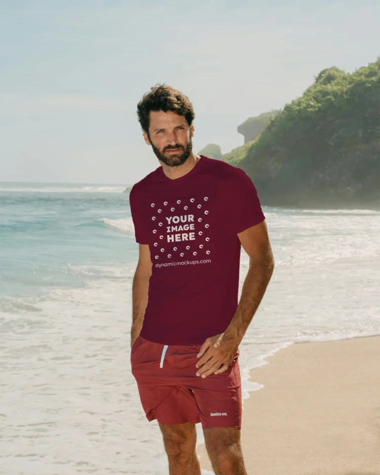 Man Wearing Maroon T-shirt Mockup Front View Template