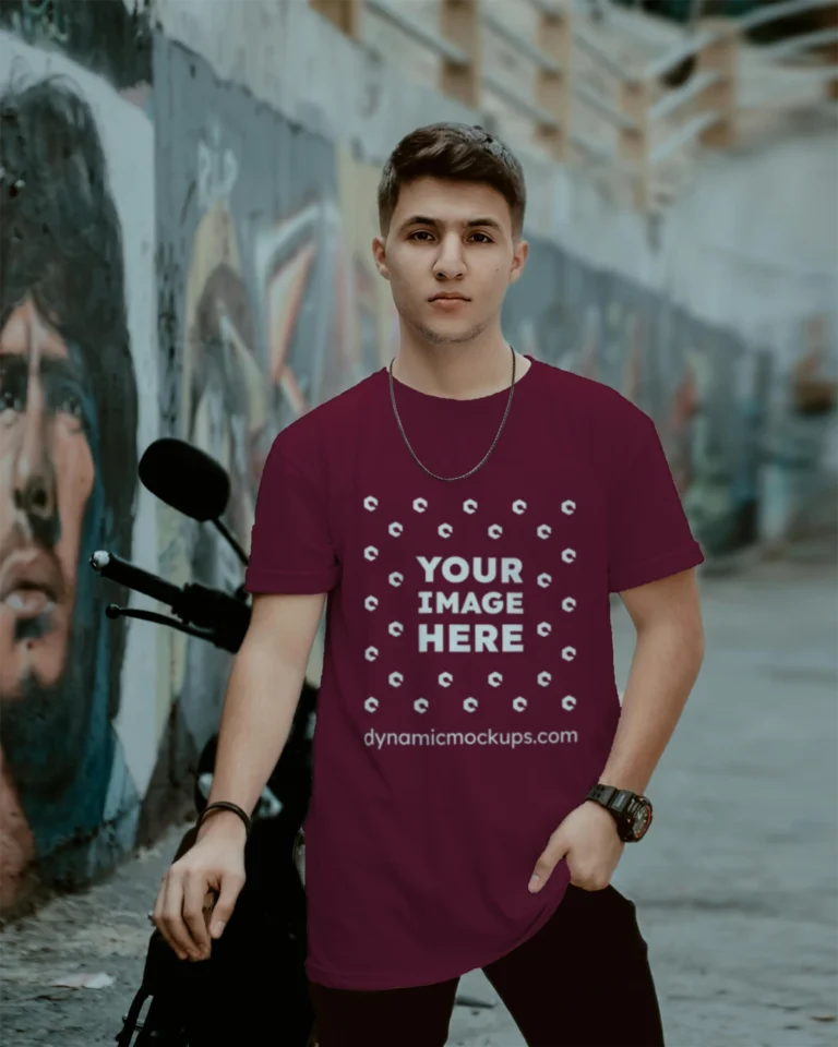 Man Wearing Maroon T-shirt Mockup Front View Template