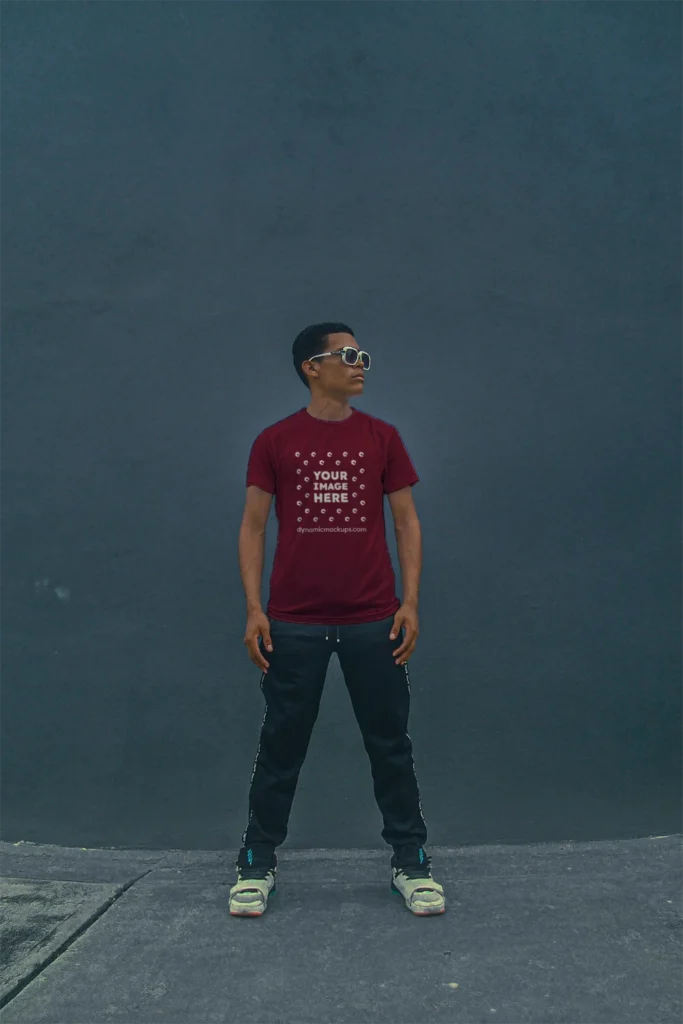 Man Wearing Maroon T-shirt Mockup Front View Template