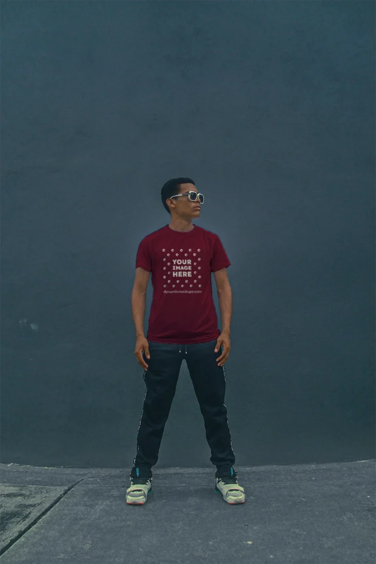 Man Wearing Maroon T-shirt Mockup Front View Template