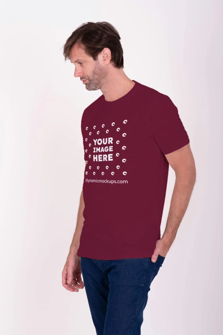Man Wearing Maroon T-shirt Mockup Front View Template