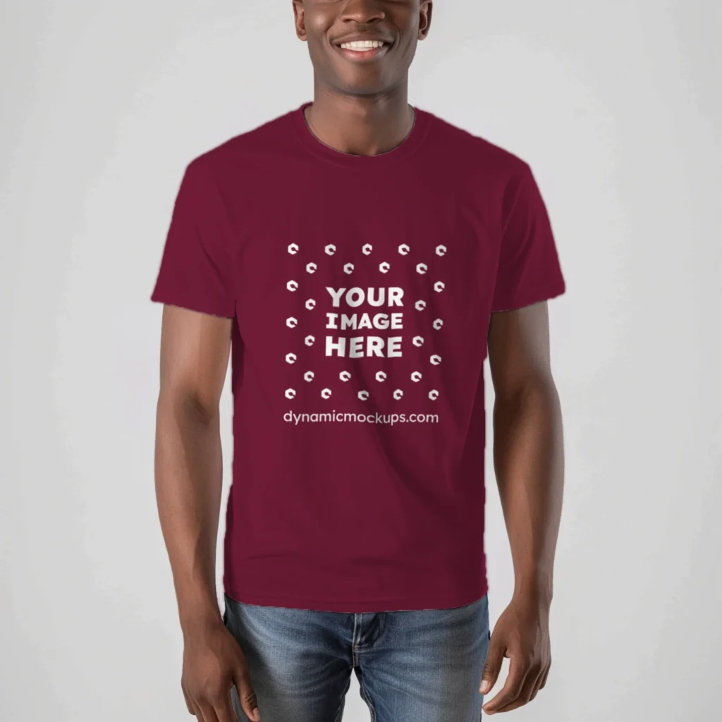 Man Wearing Maroon T-shirt Mockup Front View Template