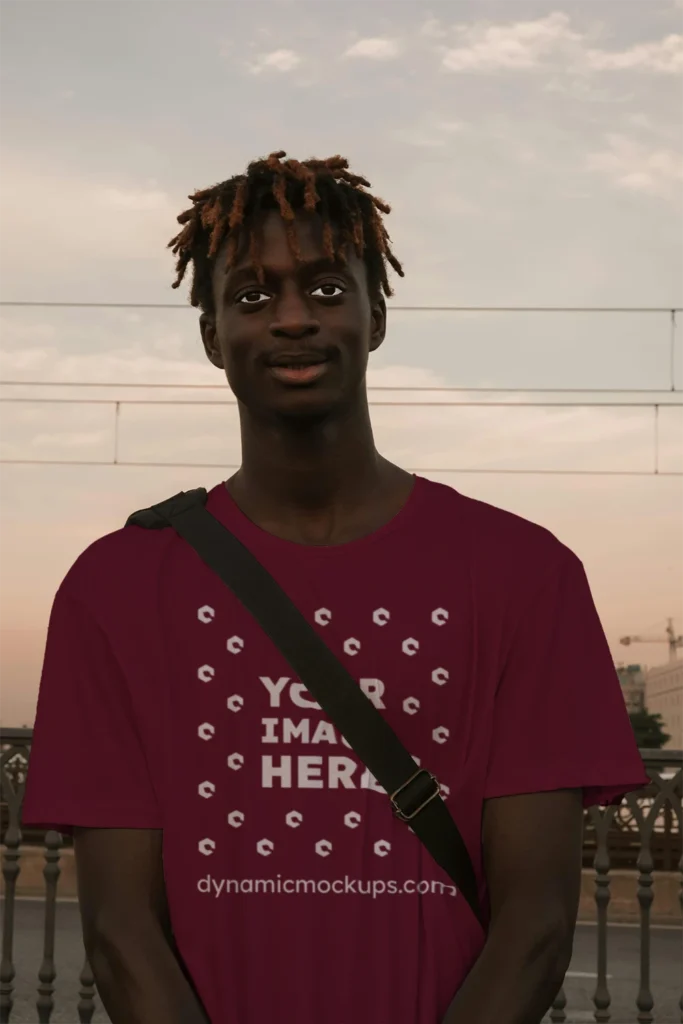 Man Wearing Maroon T-shirt Mockup Front View Template