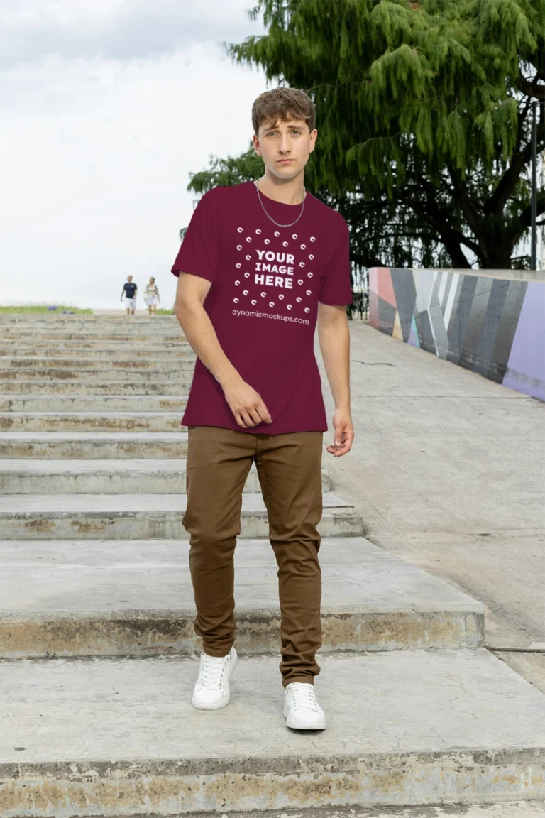 Man Wearing Maroon T-shirt Mockup Front View Template