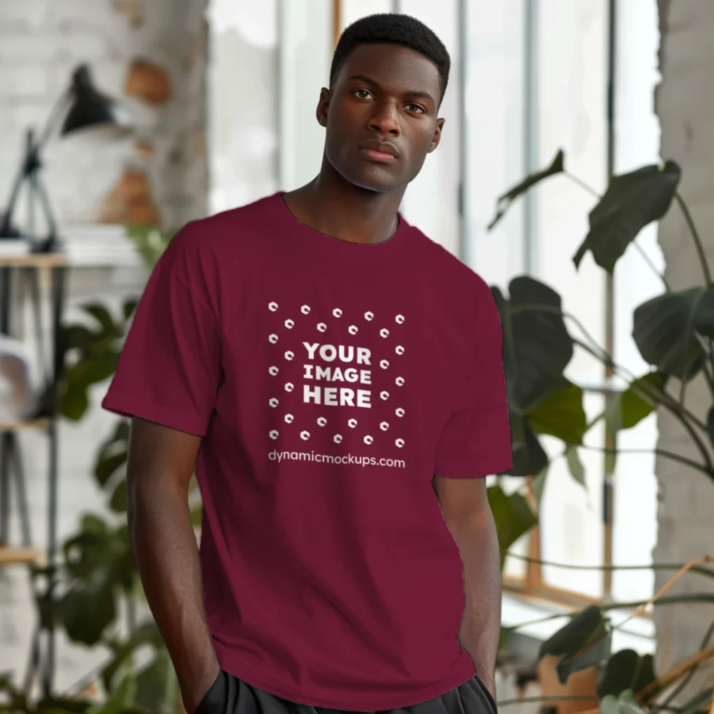 Man Wearing Maroon T-shirt Mockup Front View Template